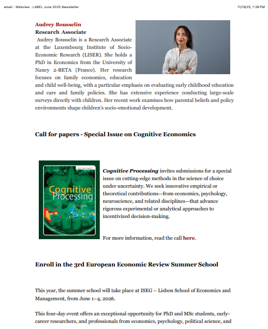 LabelLaboratory's tweet image. Our November 2025 Newsletter is out!!!

Take a look at what we’ve been working on these past few months: new team members, future summer school and upcoming projects at LABEL...

Read the full update here: label-laboratory.org/newsletters/

#BehavioralEconomics #ExperimentalEconomics