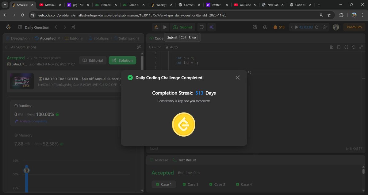 Jatin_lifo82's tweet image. 🌟Day 328 👨‍💻. 
Solve @geeksforgeeks || @LeetCode 
POTD Cpp⚡
Question LC. 1015. Smallest Integer Divisible by K Medium✅. 
Question GFG.  Game of XOR  Medium ✅. 
#geeksforgeeks #leetcode #DSA #POTD 
@LeetCode @geeksforgeeks #CPP25 #CodingChallenge