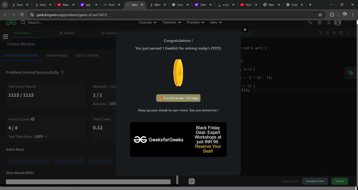 Jatin_lifo82's tweet image. 🌟Day 328 👨‍💻. 
Solve @geeksforgeeks || @LeetCode 
POTD Cpp⚡
Question LC. 1015. Smallest Integer Divisible by K Medium✅. 
Question GFG.  Game of XOR  Medium ✅. 
#geeksforgeeks #leetcode #DSA #POTD 
@LeetCode @geeksforgeeks #CPP25 #CodingChallenge
