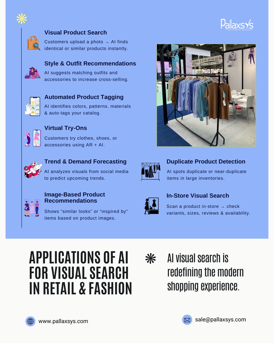 pallaxsys's tweet image. At Pallaxsys, we help retail and fashion brands build smart, visually intelligent solutions.
👉 Let’s build the future of shopping together! 📩 sale@pallaxsys.com

#Pallaxsys #VisualSearch #ImageRecognition #FashionTech #EcommerceSolutions #AppDevelopment #TechInnovation #Retail