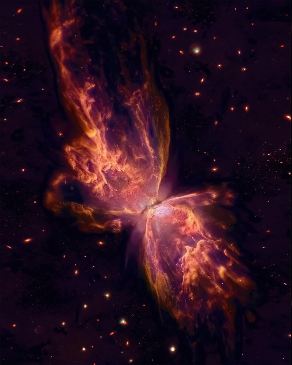 :

🦋✨ The Butterfly Nebula, 4,000 light-years away—
a dying star’s final, glowing breath.
Its ultra-hot core lights up vast cosmic wings.
A stunning reminder: even endings create new beauty.