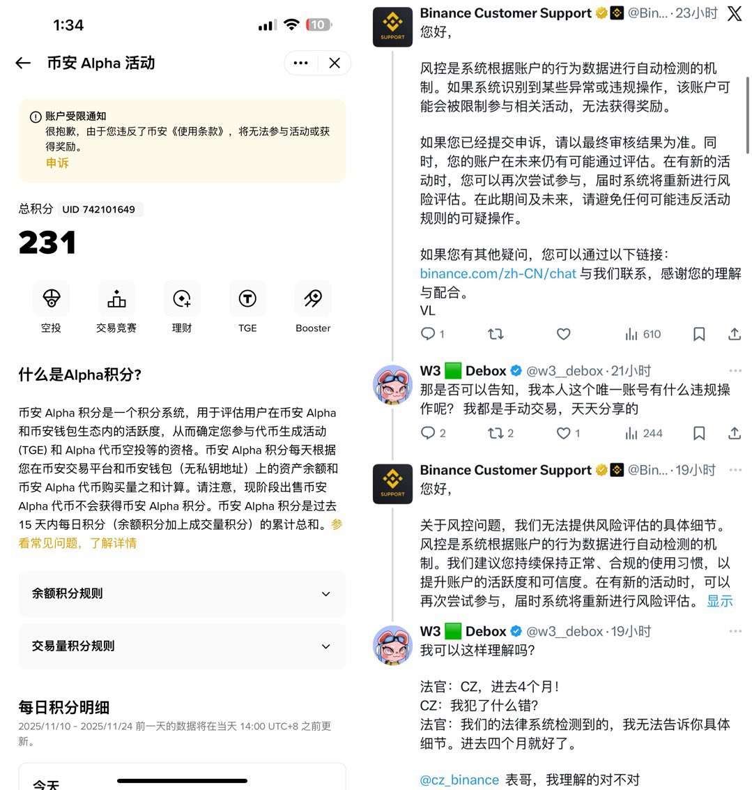 w3__debox's tweet image. 币安Alpha被误封的第11天！

误封的朋友可以一起跟帖，团结就是力量。

@cz_binance @heyibinance 表哥，一姐，还要关我们多久！