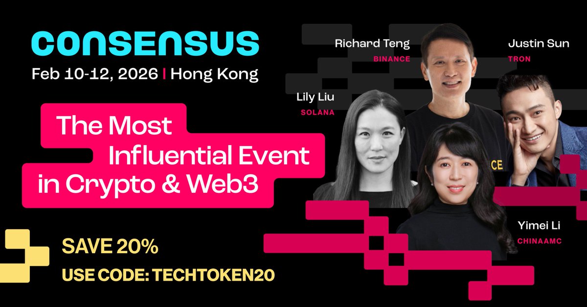 🔥 Thrilled to share that TechToken is an official Community Partner of #Consensus2026 in Hong Kong!

Join us Feb 10–12 for the most influential event in Crypto &amp; Web3.

✨ As part of our community, you get 20% OFF your pass!

👉 Use code: TECHTOKEN20

See you there! 🔥