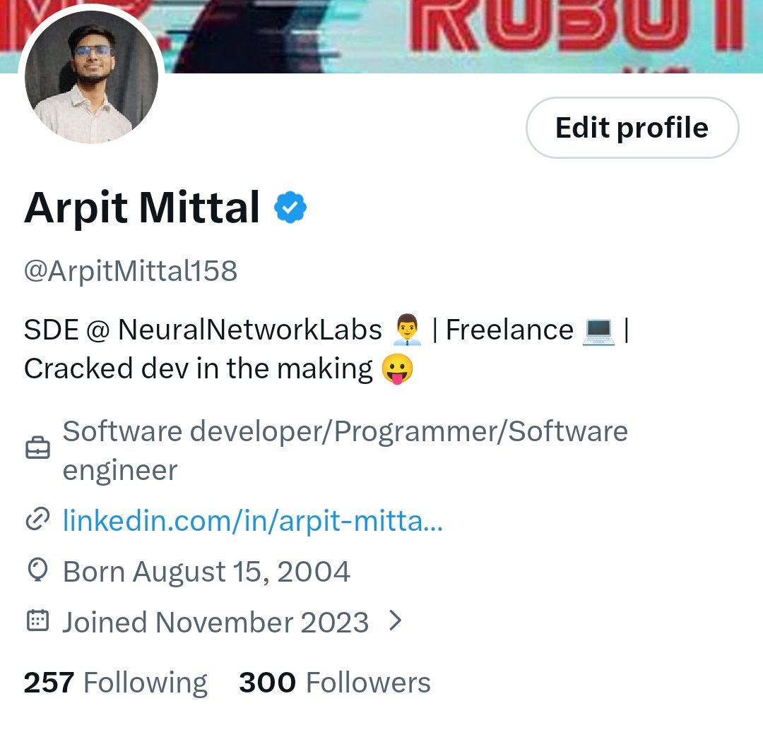 ArpitMittal158's tweet image. 300..!!🥳

Let&apos;s keep growing together guys.

#letsconnect #tech #connect #buildinpublic