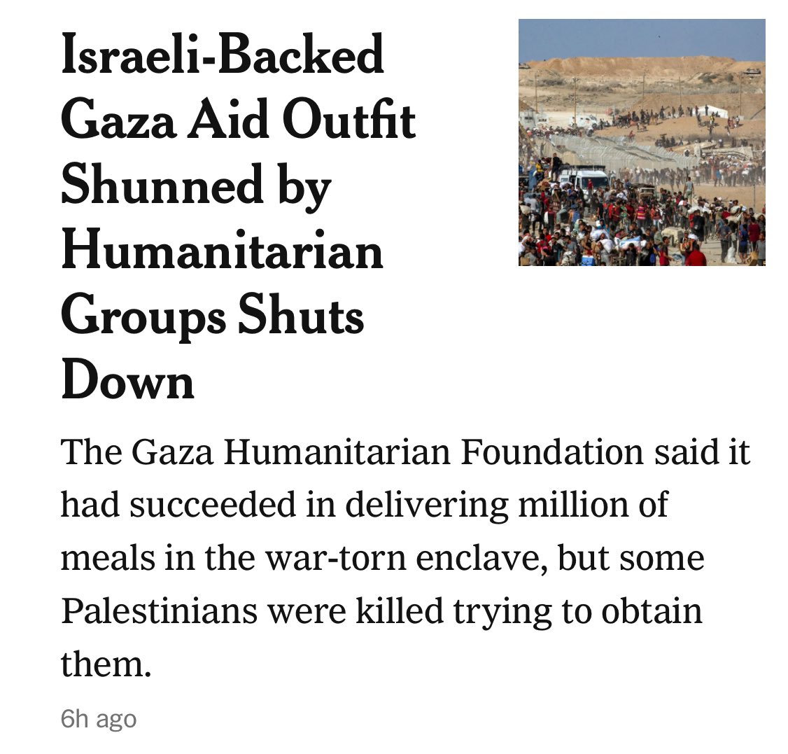 briantashman's tweet image. NYT: “some Palestinians were killed trying to obtain” aid at GHF sites

That’s how the New York Times describes the killing of roughly *1,000* people at GHF sites