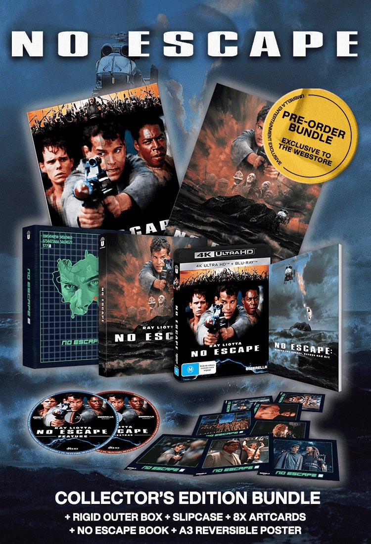 Coming to 4K UHD in March from <a href="/UmbrellaEnt/">Umbrella</a> 

No Escape AKA Escape from Absolom (1994) 4K &amp; Blu-ray Collector’s Edition

Pre-order: shop.umbrellaent.com.au/products/no-es…

Only Available from the Umbrella webstore, NO ESCAPE Collector’s Edition includes:
New Worldwide first 4K master scanned