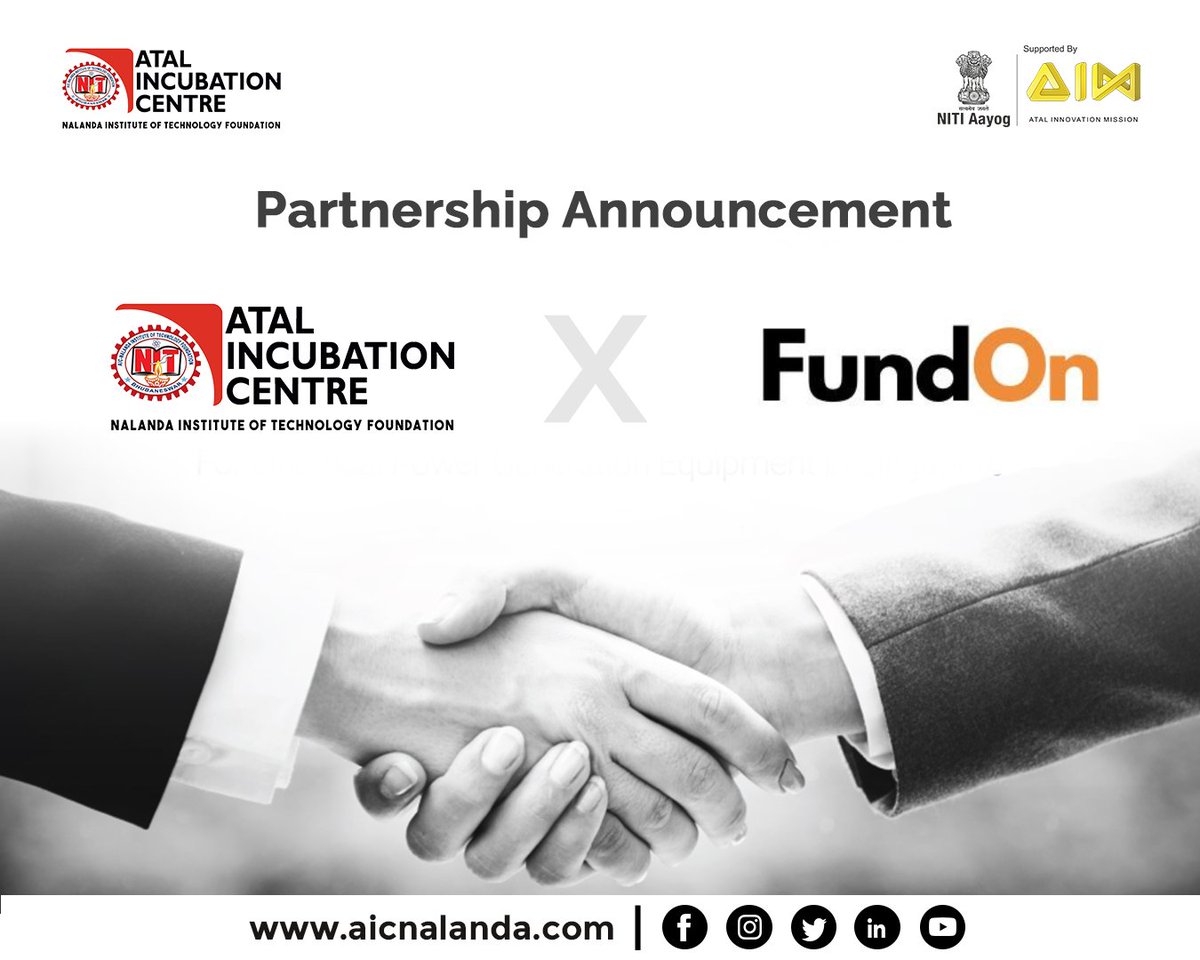 🤝 𝐀𝐈𝐂-𝐍𝐚𝐥𝐚𝐧𝐝𝐚 𝐱 𝐅𝐮𝐧𝐝𝐎𝐧 — New Partnership Alert!
Startups at <a href="/AtalNit/">AIC-Nalanda Institute of Technology Foundation</a>   will now get access to FundOn’s specialised fundraising collateral services:
📌 Pitch Decks 
📌 Financial Projections 
📌 Valuation Reports 
📌 Investment Memos
 📌 Mock Pitch Sessions
 📌