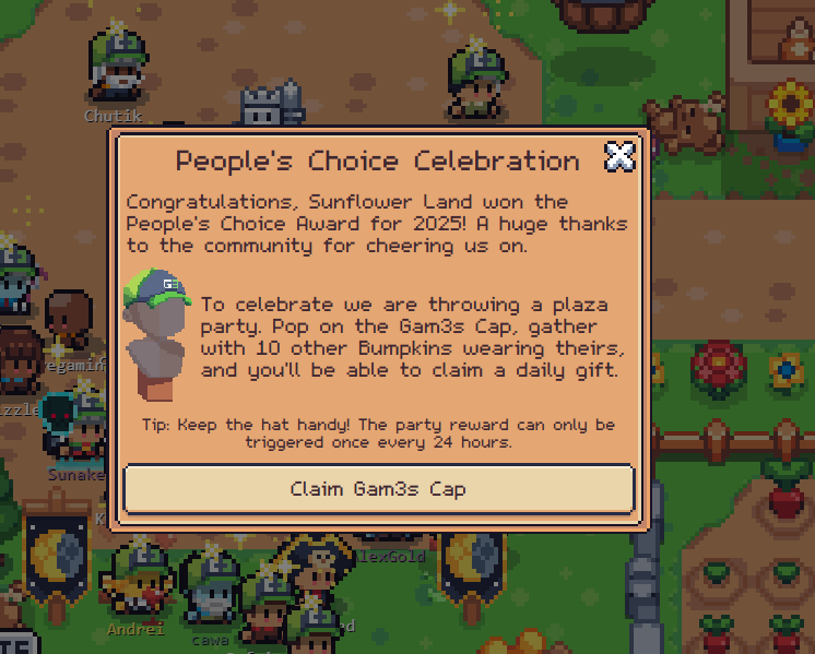 🎉 Congratulations to Sunflower Land for winning the 2025 People’s Choice Award! 🌻
Thanks to the amazing community for making this celebration possible — let the plaza party begin! 🧢✨

#SunflowerLand #ronincreator