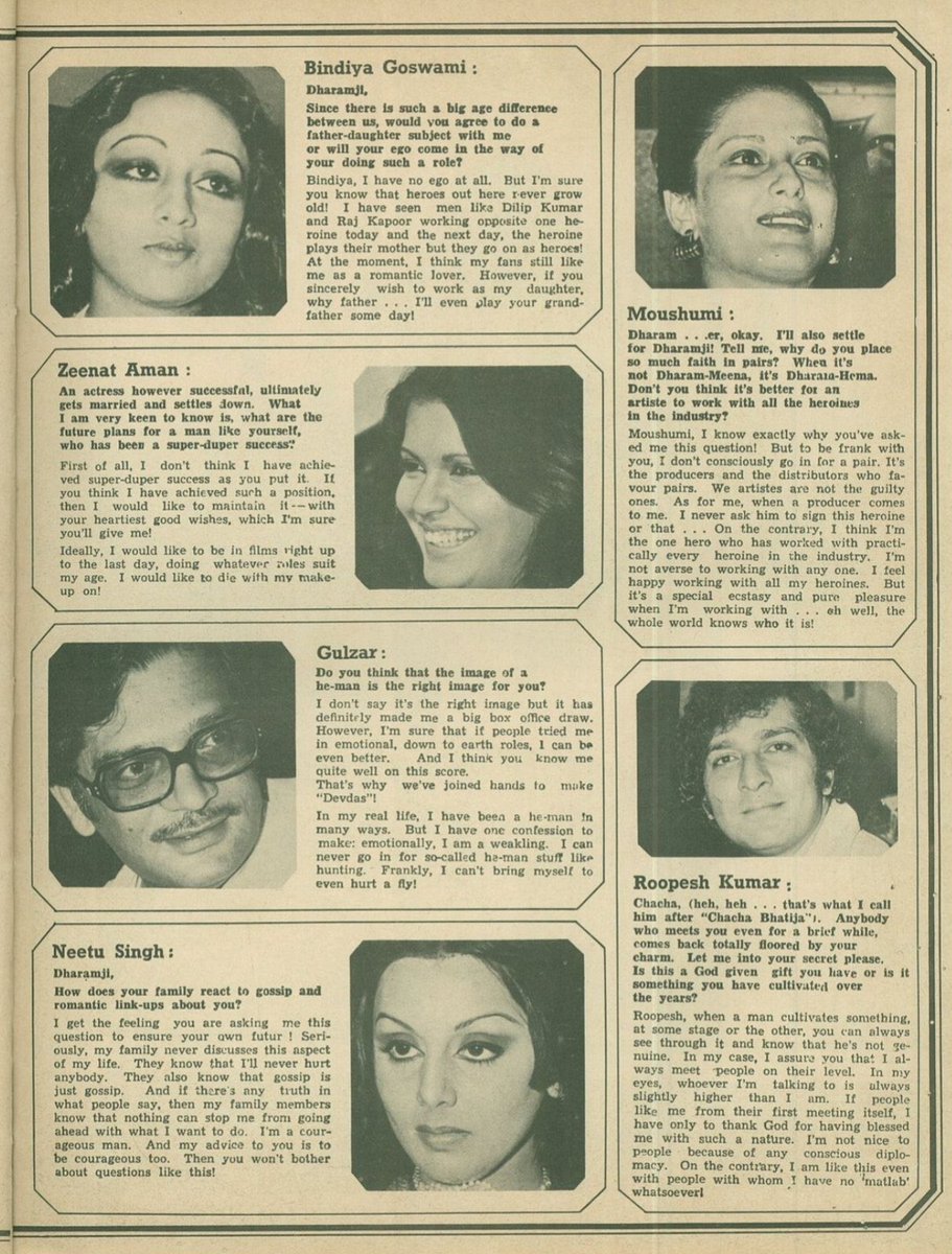 MujahirBO's tweet photo. Star & Style: 1977

Megastar #Dharmendra quizzed by his colleagues - #Rakhee, #BindiyaGoswami, #ZeenatAman, #Gulzar, #NeetuSingh, #MoushamiChatterjee, #RoopeshKumar, #ShatrughanSinha, #HemaMalini, #ShashiKapoor, #RakeshRoshan, #Bindu, #SunilDutt 

#DHARMENDRA said a beautiful line “ SOME DOWNFALL ARE UGLY AND SOME ARE BEAUTIFUL”