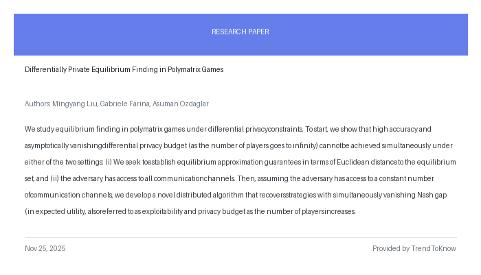 aitrendings's tweet image. Differentially Private Equilibrium Finding in Polymatrix Games

👥 Mingyang Liu, Gabriele Farina &amp;amp; Asuman Ozdaglar

#DifferentialPrivacy #NashEquilibrium #GameTheory #AIResearch #MachineLearning

🔗 trendtoknow.ai