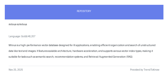 aitrendings's tweet image. milvus-io/milvus

💻 Go

#Milvus #VectorDatabase #AIApplications #OpenSource #GoLang

🔗 trendtoknow.ai