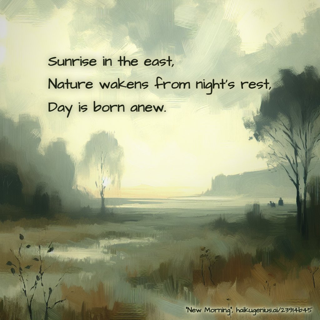 Sunrise in the east,
Nature wakens from night's rest,
Day is born anew.
"New Morning", haikugenius.ai/23914b45

✨ Create your own beautiful haiku with stunning generative art—free and no signup needed! Try it now: haikugenius.ai

#NewMorning #haiku #haikudaily