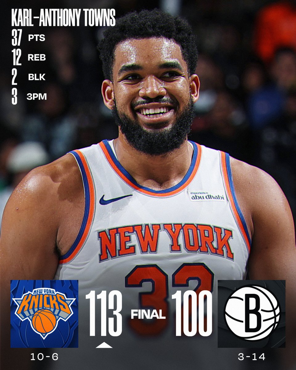 🏀 MONDAY'S FINAL SCORES 🏀

KAT & the @nyknicks claim victory in Brooklyn!

Jalen Brunson: 27 PTS, 4 3PM
Noah Clowney: 31 PTS (career-high), 7 3PM  