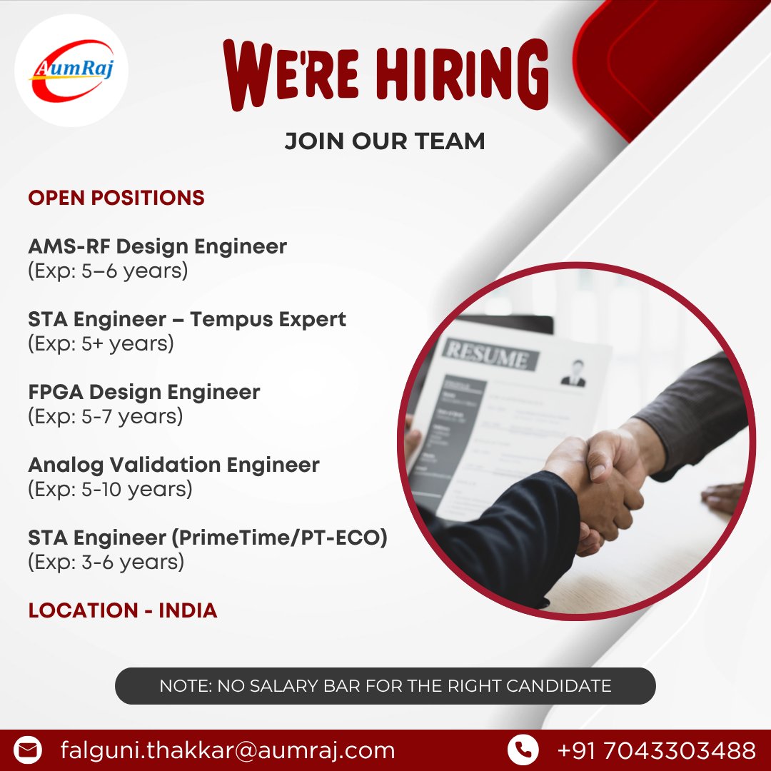 AumrajInc's tweet image. AumRaj is seeking experienced VLSI engineers to join our team and work on industry driven semiconductor design challenges. No salary bar for the right candidates.

Apply Now
📧 falguni.thakkar@aumraj.com
📞 +91-7043303488

#aumraj #rtl #fpga #vlsi #iot #asic #design #verification
