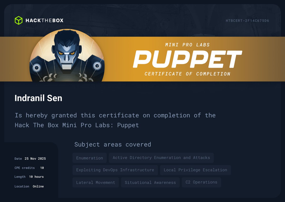 HckN1L's tweet image. Completed  @hackthebox_eu  - Puppet Lab 
 Fantastic hands-on practice in AD, DevOps exploitation, and multi-host red-team operations.
#hackthebox  #redteam