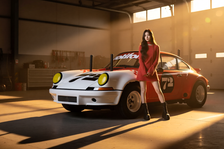 jason9394's tweet photo. Golden hour, classic curves, and bold attitude. 🏁✨ Styled up and ready to roll in the garage! #PorscheLove #RetroVibes #SunsetSession #AI #RC #Tamiya #TT02 https://t.co/3GnNCK5hDe