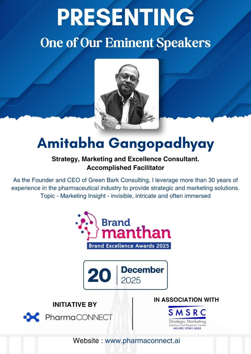 PharmaConnect's tweet photo. Honored to welcome Amitabha Gangopadhyay as a speaker at Brand Manthan on 20th December 2025 at Mumbai. 
This exclusive initiative is brought to you by @PharmaConnect 

#BrandManthan2025 #PharmaIndustry #PharmaMarketing #HealthcareLeadership #PharmaConnect #IndustryLeaders https://t.co/KNYHb7l4fh