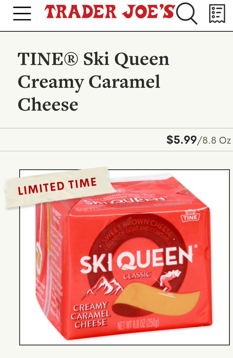 cookiesinheaven's tweet image. OMG. #TraderJoe&apos;s is carrying Ski Queen &quot;Brown Cheese&quot;
(I love this stuff. I make Norwegian meatballs with a brown cheese gravy. Best stuff evah!)