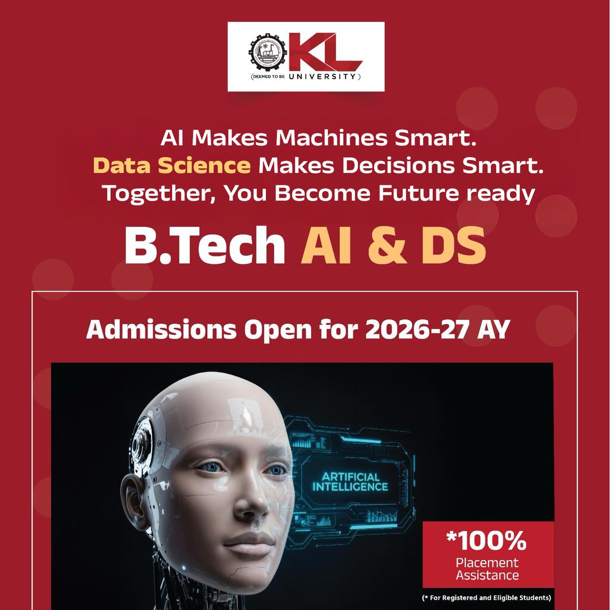kluniversity's tweet image. Accelerate your engineering career with KLU’s B.Tech in AI &amp;amp; Data Science. Master intelligent systems, analytics &amp;amp; real-world AI model building to become an industry-ready tech professional.

Admissions Open 2026–27
kluniversity.in/admissions-202…

#KLU #BTechAI #AI