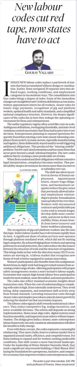 GouravVallabh's tweet image. My article in today’s @IndianExpress analyses how the new Labour Codes can help bridge India’s ‘missing middle’ -enabling enterprise growth through clarity, efficiency &amp;amp; competitiveness

They mark a shift towards a confident, predictable &amp;amp; functional labour market
#IndiaEconomy