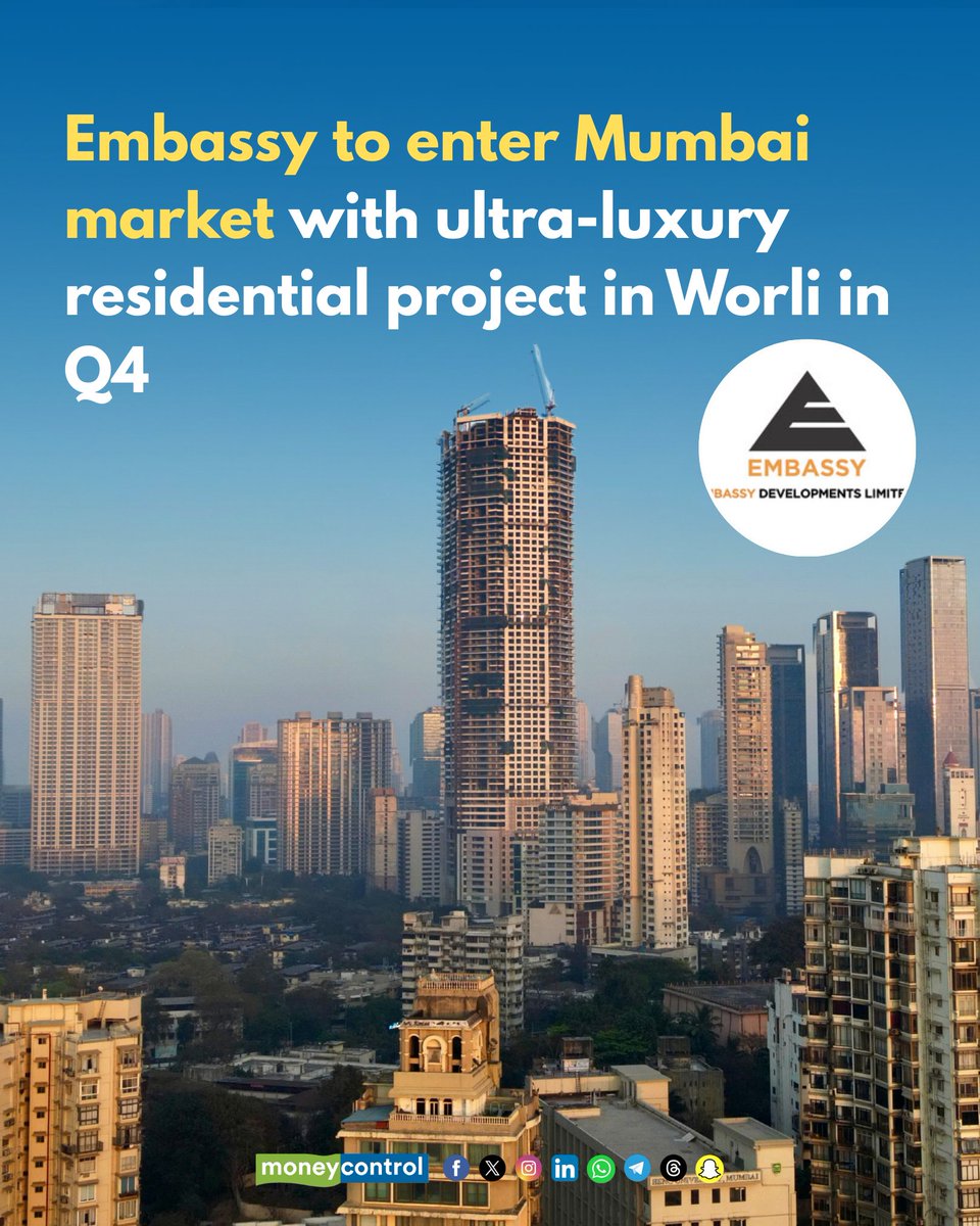 moneycontrolcom's tweet photo. #RealEstateWithMC | Embassy to enter Mumbai market with ultra-luxury residential project in Worli in Q4
@AshishM1885 & @deborshi with details ⬇🔗
https://t.co/DhA1WVyR7g
#EmbassyDevelopments #Mumbai #Worli #Q4 https://t.co/TBnGa1LFFn
