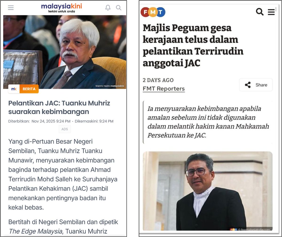 Two key institutions — the palace and the Bar Council — have warned that Terrirudin’s appointment to the JAC bypassed normal procedures and threatens judicial independence.

When the Yang di-Pertuan Besar himself raises concern, that’s no small matter. It signals the appointment