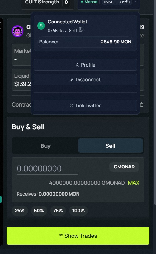 Gm CT ☀️ 
Gmonad did! 
First win ever on Monad!!

Even though many of us weren’t eligible for the Monad airdrop, Gmonad still came through for cultdottrade top users and diamond hands who stayed active during testnet phase.

It’s not a huge amount, but it’s an honest work, and