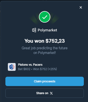 My first bet on NBA after losing on Portland vs Dallas

Glad Detroit won it

GG!