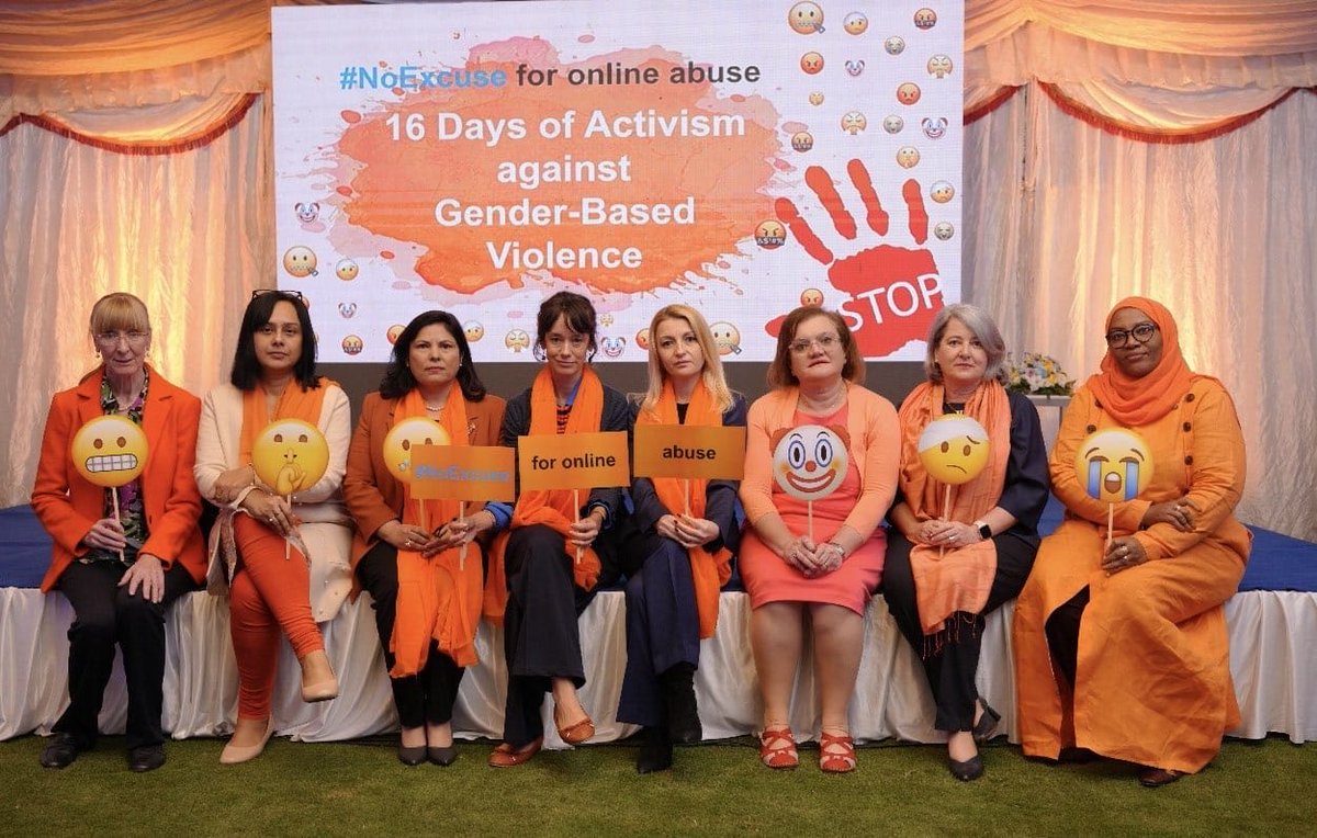NepEmbIsb's tweet image. There is #NoExcuse✋for online abuse🚫! 

Today female Ambassadors in Islamabad mark #16Days of Activism against Gender Based Violence.

Online abuse pushes women &amp;amp; girls out of digital spaces. The digital world should offer opportunity, not fear &amp;amp; abuse.

#OrangeTheWorld