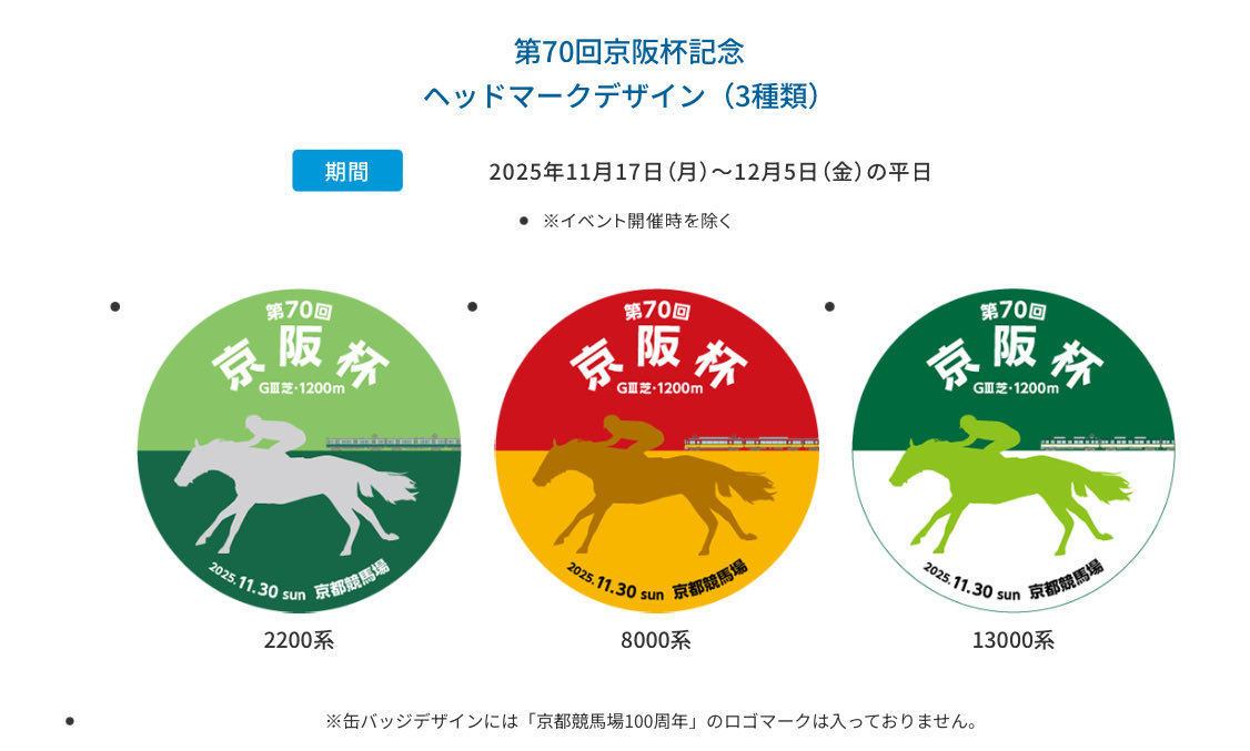 こんにちは🍁

SANZEN-HIROBAでは現在、「第70回京阪杯」を記念するヘッドマーク掲出に伴い、同デザインの缶バッジを作成できます🏇

ぜひこの機会にSANZEN-HIROBAへお立ち寄りください🚃💨

【期間】2025年11月17日(月)〜12月5日(金)の平日　※イベント開催時を除く

keihan.co.jp/traffic/sanzen…