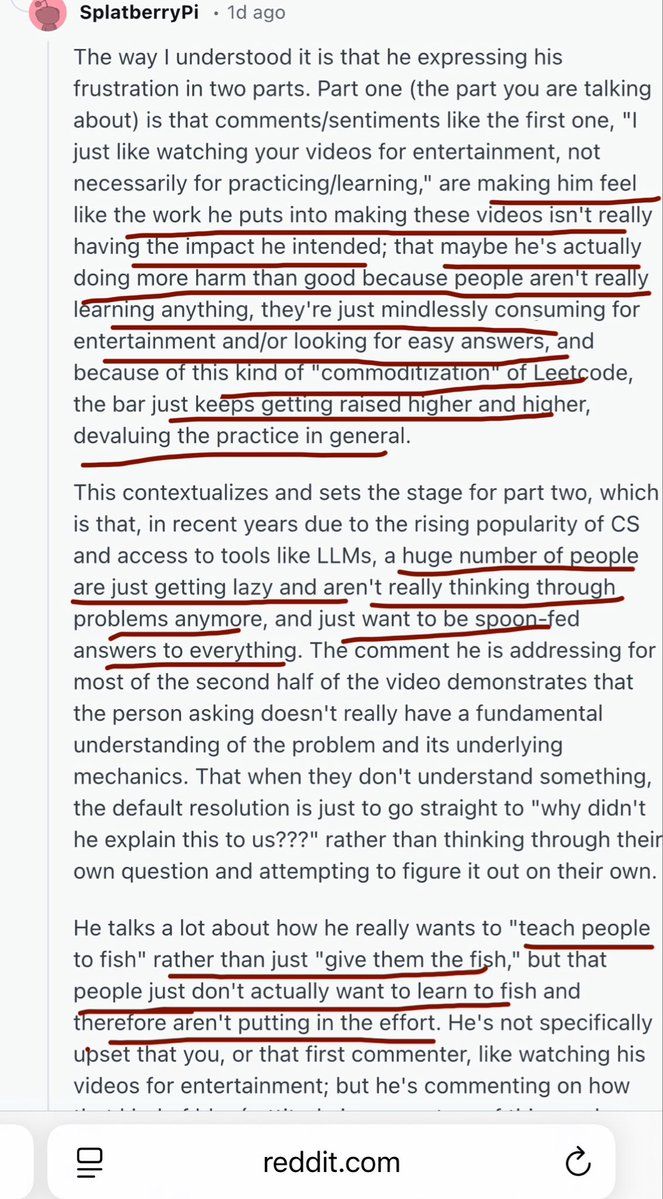 vennila_307's tweet image. Lots of thoughts on this rant by Nick from #Neetcode…🤯😖

This reddit response (ss below) echoed a lot of my own thoughts &amp;amp; understanding too.

One thing I’d add is that he is part of the reason the system has taken the shape it has today and I feel he’s a bit too proud to see…