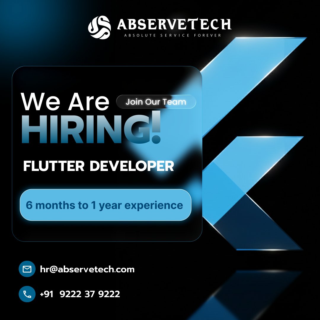 abservetech's tweet image. Hello Everyone!👋
We’re Hiring: Flutter Developer
 Location: Madurai
 Experience: 6 months – 1 year 

#Hiring #FlutterDeveloper #TechJobs #JoinOurTeam #Abservetech #MobileAppDevelopment  #android #ios #techjobs #madurai #india #FlutterSquad #InnovateWithFlutter #CareerGrowth