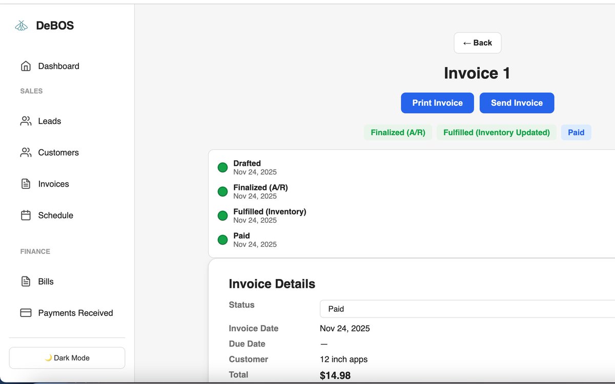 12inchapps's tweet image. Last update for the night!  

New  visual timeline of when inventory moved, and when final payment on invoice was made!

This is CRUD at work.

@DeBOSapp is making  huge leaps everyday!  

Will soon be onboarding certified CPA as consultant. Stay Tuned!

#DeBOS
@ArcBlock_io