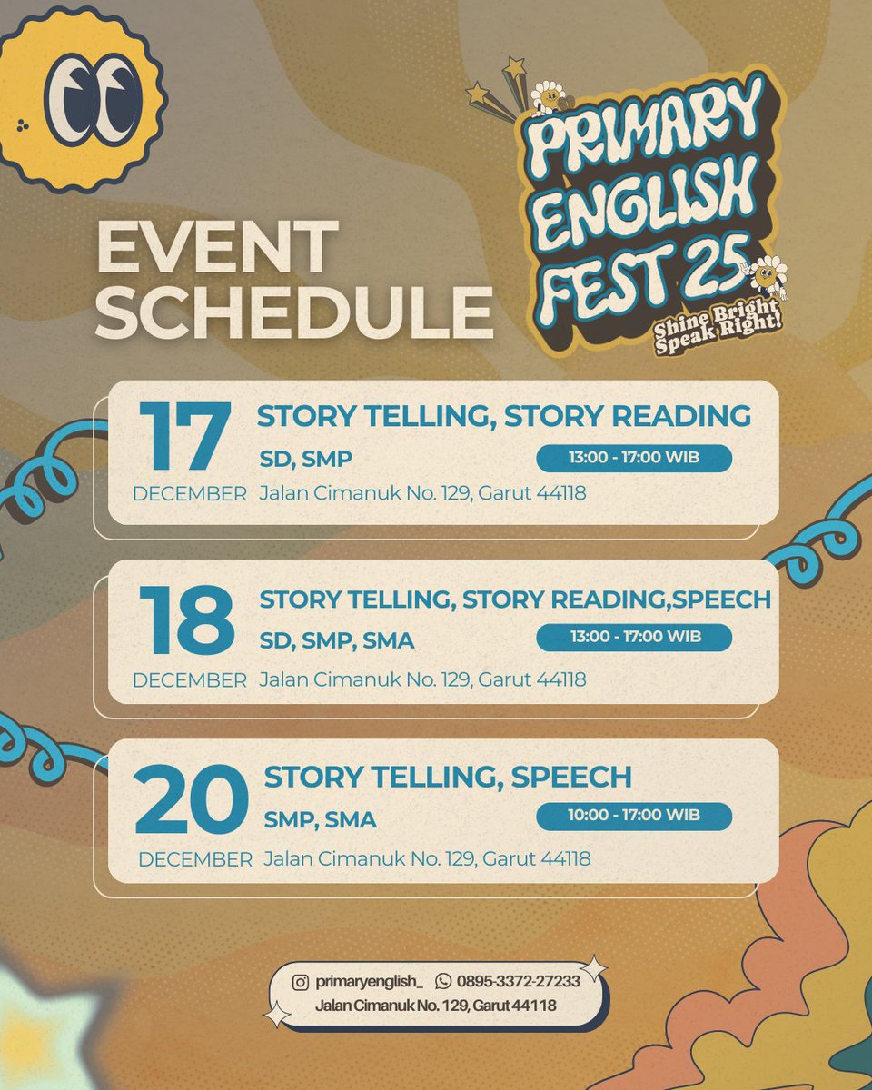 Primary English Fest 2025 Is Coming!

Primary English Fest ini menjadi wadah bagi siswa untuk menampilkan kemampuan speaking mereka melalui Story Reading, Story Telling, dan Speech.

Let us support their performances and ensure this year’s fest becomes a meaningful experience.