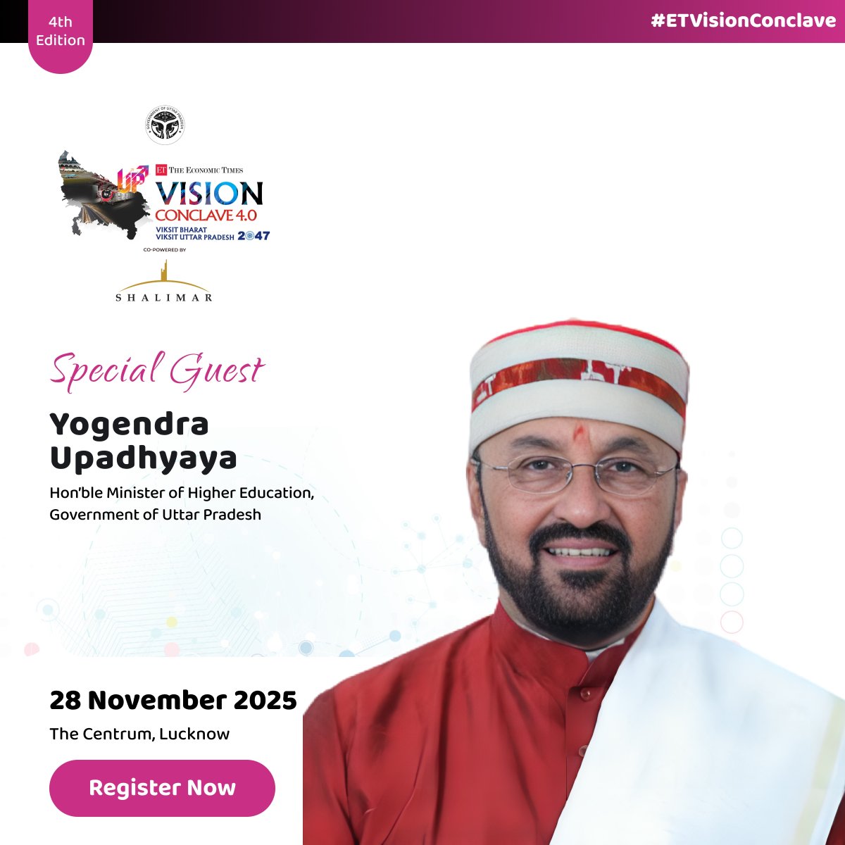 ET_Government's tweet image. We’re excited to welcome Yogendra Upadhyaya, Hon’ble Minister of Higher Education, @UPGovt, as the Special Guest Speaker at the 4th Edition of the #ETVisionConclave.

Express Interest: shorturl.at/nEtdy

#ETGovernment #VisionConclave #ViksitBharat #ViksitUP2047