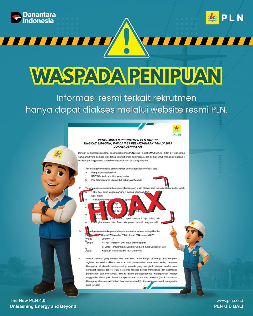 plnuidbali's tweet image. ⚠️ WASPADA PENIPUAN REKRUTMEN PLN!
PLN tidak pernah membuka lowongan kerja melalui pesan pribadi, grup WhatsApp/Telegram, atau akun tidak resmi.

Seluruh informasi rekrutmen hanya diumumkan melalui website resmi:
🔗 rekrutmen.pln.co.id

#PLN #PLNUIDBali #WaspadaPenipuan