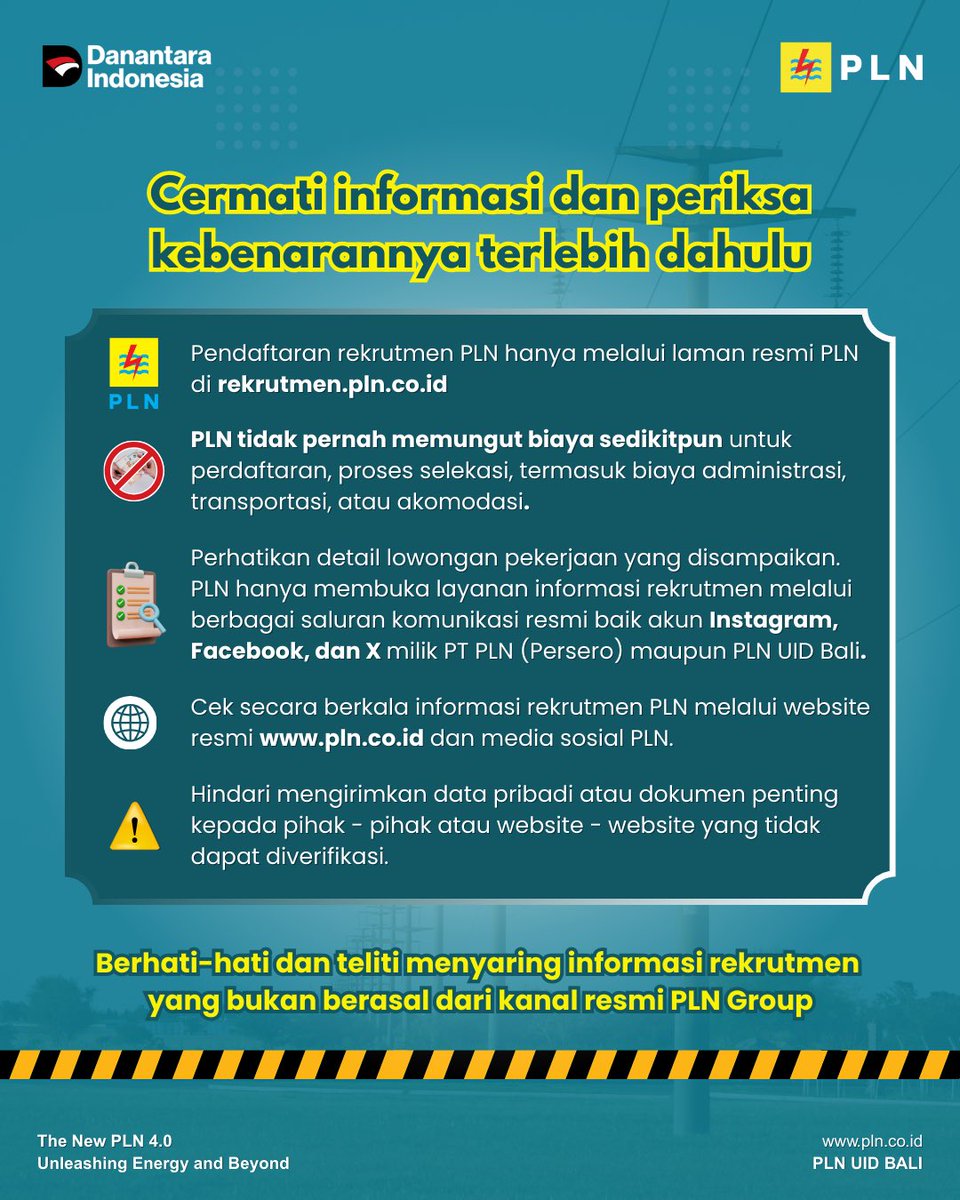 plnuidbali's tweet image. ⚠️PLN juga tidak pernah memungut biaya apa pun selama proses rekrutmen—mulai dari pendaftaran, seleksi, transportasi, hingga akomodasi.

#PLN #PLNUIDBali #WaspadaPenipuan #RekrutmenPLN #AntiHoaks