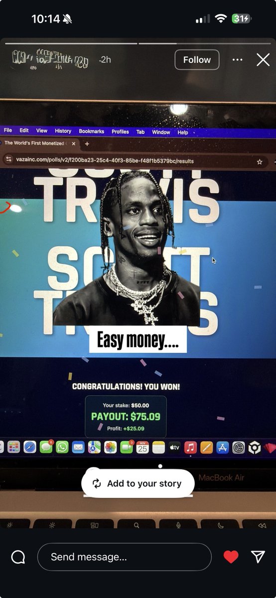 We get tagged in stories by users everyday posting stories like this!

People LOVE having conviction in their opinions and the satisfaction + thrill of being right.

Our winning screen is purposely designed to be shared and it’s doing exactly that! 🥳

<a href="/vazainc/">VAZA</a>