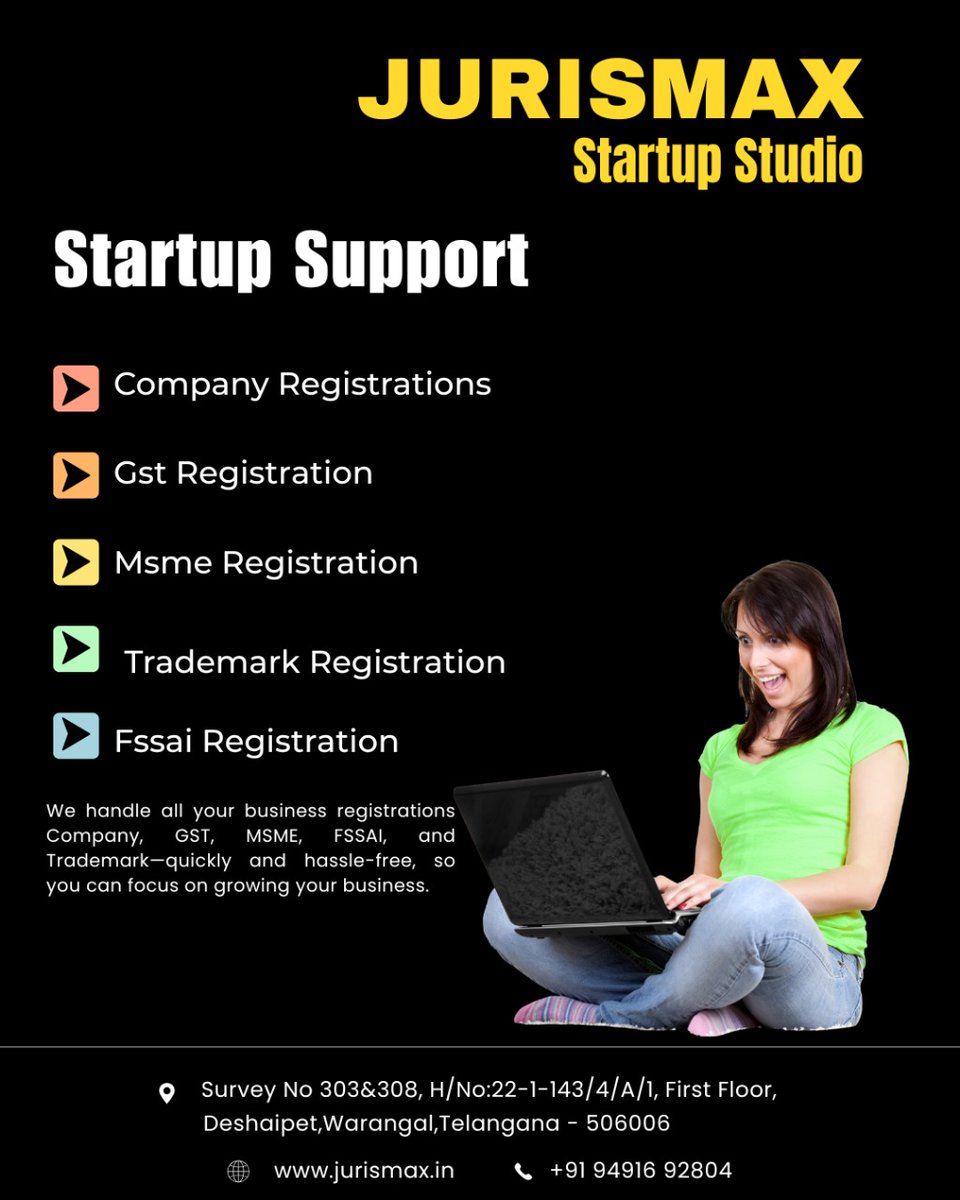 JurisMaxx's tweet photo. Complete startup support—Company, GST, MSME, FSSAI &amp; Trademark registrations made fast and simple.

#Jurismax #StartupSupport #BusinessServices #GSTRegistration #MSME #Trademark #FSSAI #BusinessGrowth #StartupSupport #Warangal https://t.co/C7Fmx5VvEE