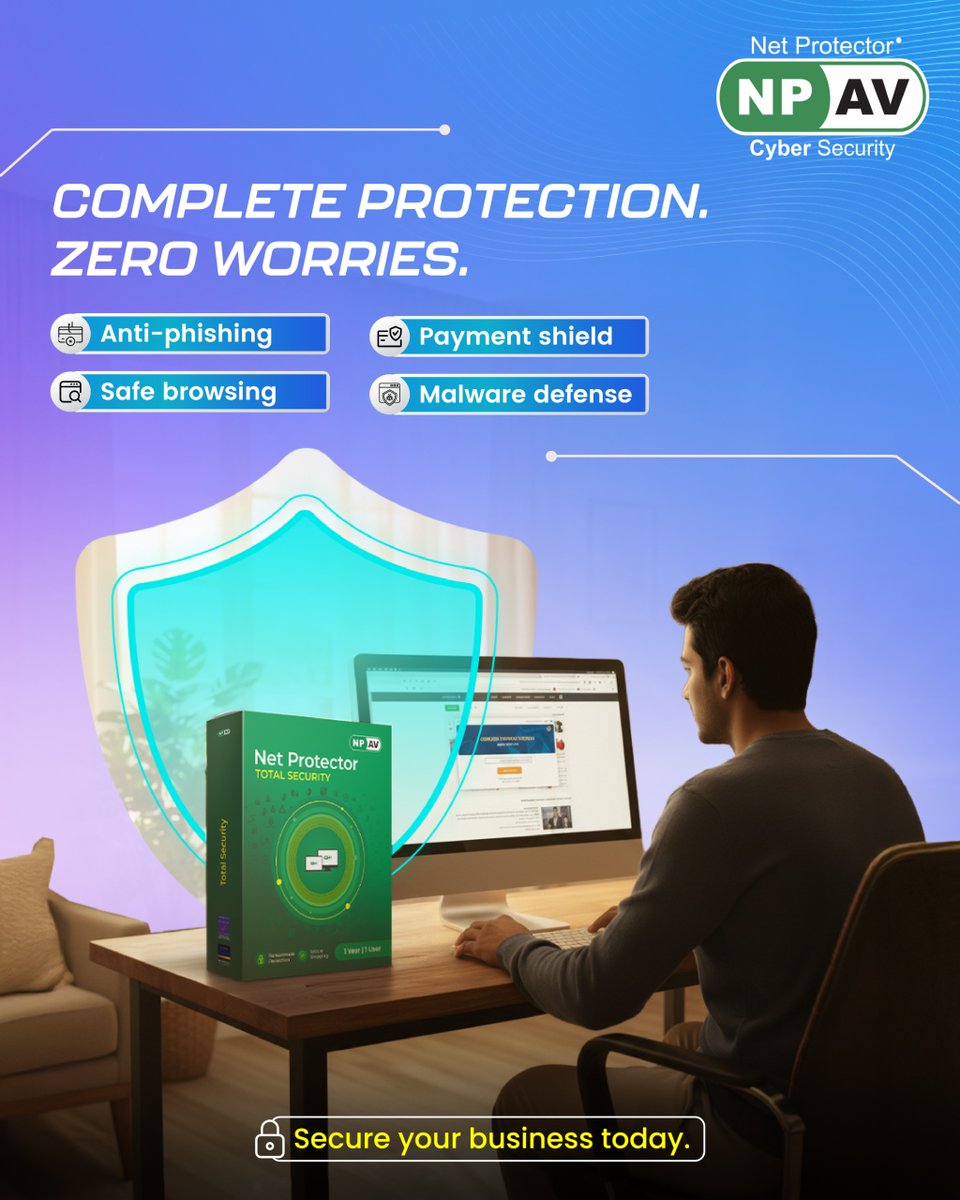 netprotector's tweet image. From email to checkout, one wrong click can cost you. Total Security blocks phishing pages, warns on unsafe sites, protects payments, and crushes malware in real time, without slowing you down.

(Net Protector, NPAV, OTPScam, CyberSafety, Net Protected Life Sorted)