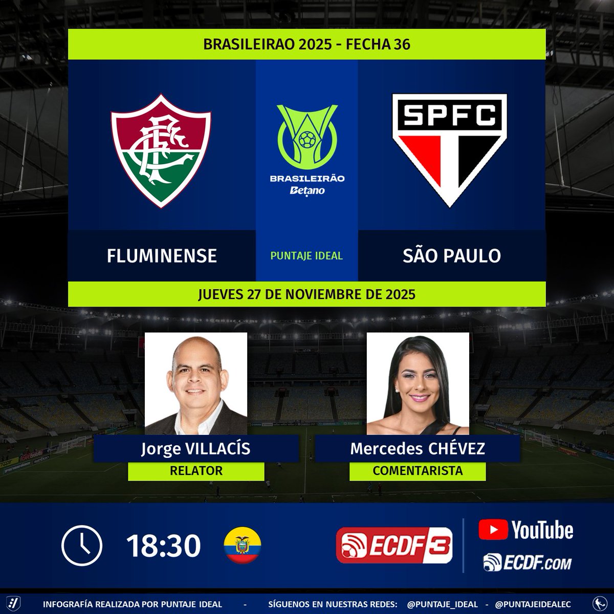 ⚽ #Brasileirao 🇧🇷 | #Fluminense vs. #SaoPaulo
🎙 Relator: <a href="/exgordovillacis/">Ex gorditovillacis</a>
🎙 Comentarista: <a href="/Meche_Chevez/">Mercedes Chévez C</a> 
💻📱 <a href="/ElCanalDFutbol/">®El Canal del Fútbol 🇪🇨⚽</a> 3 en #YouTube y elcanaldelfutbol.com
🤳 #BrasileiraoxECDF
Dale RT 🔃