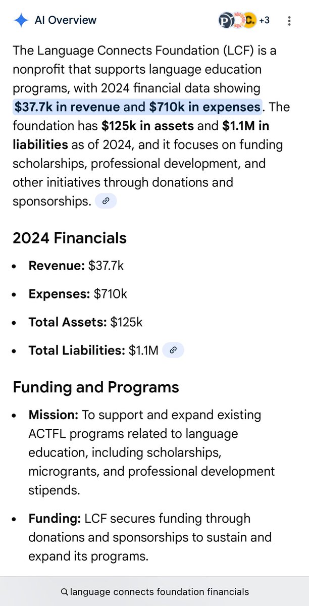 speakerakash's tweet image. #langchat #actfl25 A foundation created by former ED Berman to support language education &amp;amp; our struggling language educator community is, financially speaking, lost in translation: $37.7K revenue vs $1.1M liabilities. Hoping the mission survives the math. @languageconnectsfdn