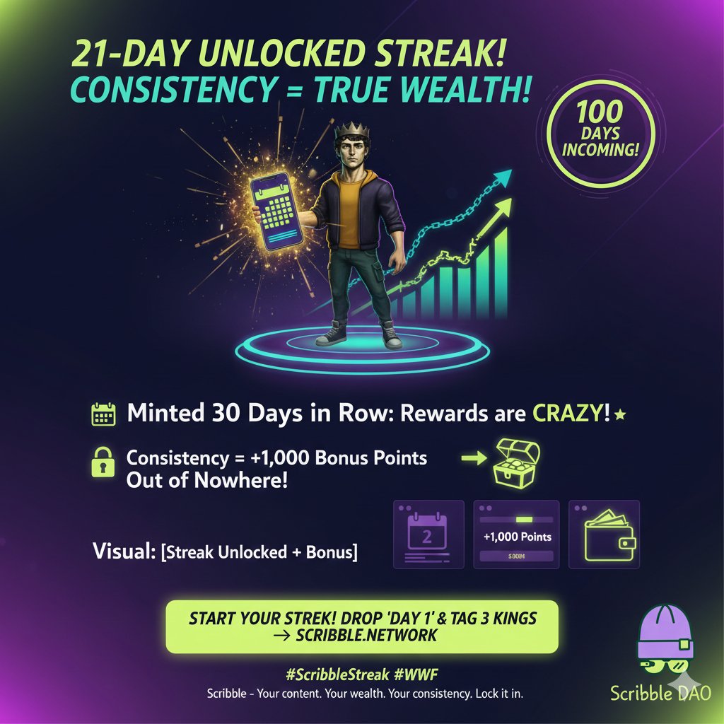 𝟚𝟙-𝔻𝔸𝕐 𝕌ℕ𝕃𝕆ℂ𝕂𝔼𝔻 𝕊𝕋ℝ𝔼𝔸𝕂!

I've been minting on <a href="/scribble_dao/">Scribble.fren</a> for 30 days in a row, and the rewards are crazy!

+1,000 bonus points appeared out of nowhere.

Now, consistency equals true wealth!

Who is beginning their streak with me right now?

Tag three streak