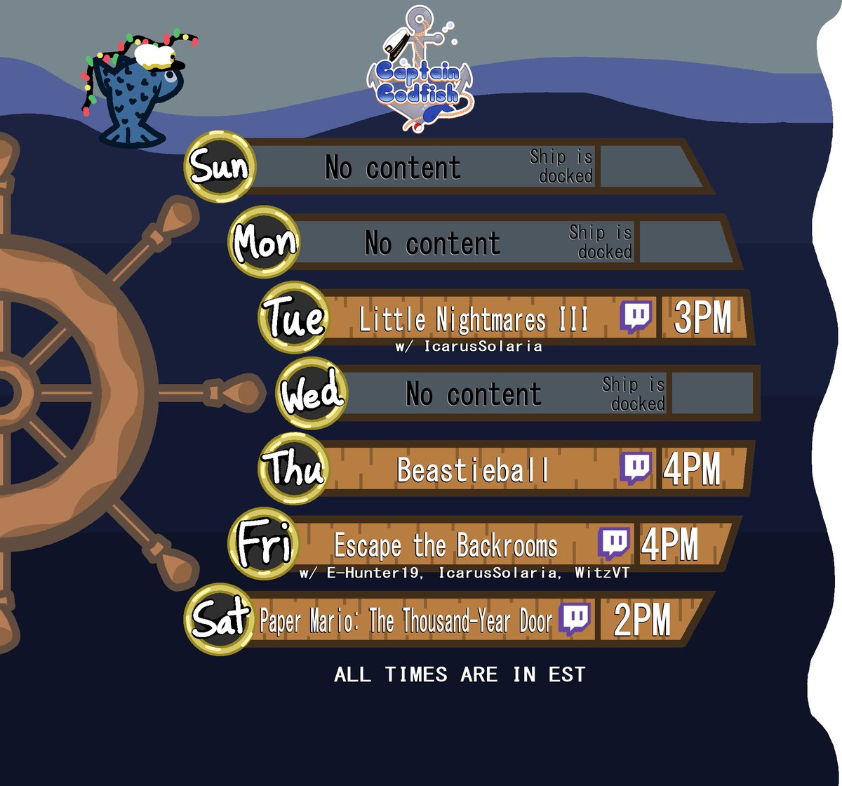 CaptainCodfish_'s tweet image. Schedule time!!
This schedule has been done for like 2 days...I forgot to post it...
(11/23 - 11/29)