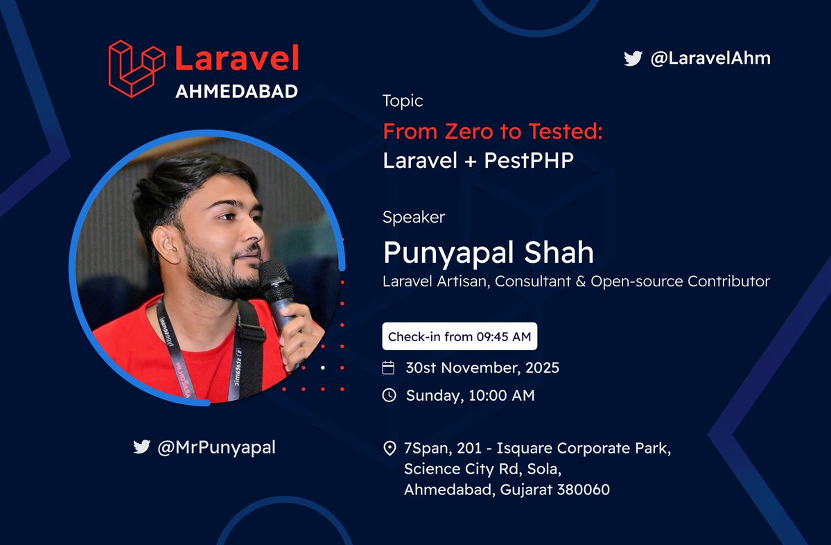 LaravelAhm's tweet image. 📢 Speaker Announcement – Laravel Ahmedabad Meetup!

🎤 @MrPunyapal (Laravel Artisan &amp;amp; Consultant)

Topic: From Zero to Tested: Laravel + @pestphp 🐛✅

📅 30th Nov, 2025 (Sunday)
⏰ 10:00 AM
📍 Hosted by @7SpanHQ

Link in comments 👇