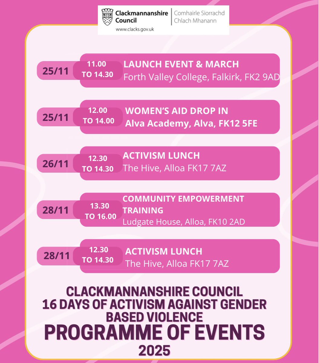 ClacksEducation's tweet image. 🌍 Forth Valley is taking action!
We’re launching 16 Days of Activism, the global campaign to end gender-based violence.
💜 Stand with us, speak out, take action.

📅 Explore the full programme of Forth Valley events below. 
#EndGenderBasedViolence#UNiTeToEndDigitalViolence