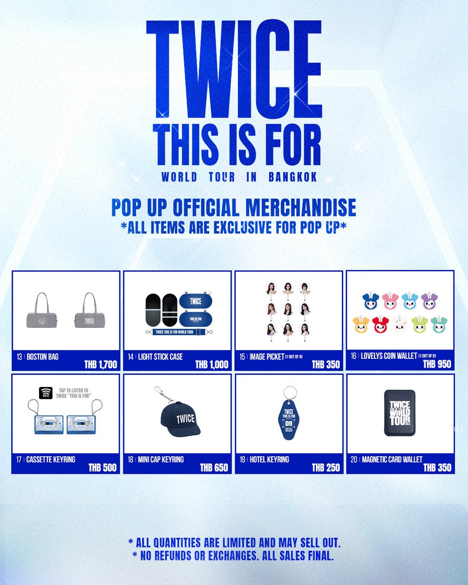 📅NOV 27 - DEC 16, 2025
🕞10AM–9PM
📍 2F, SIAM PARAGON 

✔Opening hours are in local time
✔All merch, photocard, scratch card is limited and may sell out early
✔Some items have purchase limits per person
#TWICE #트와이스 #THISISFOR #TWICE_POPUP_BANGKOK
#THISISFOR_POPUP