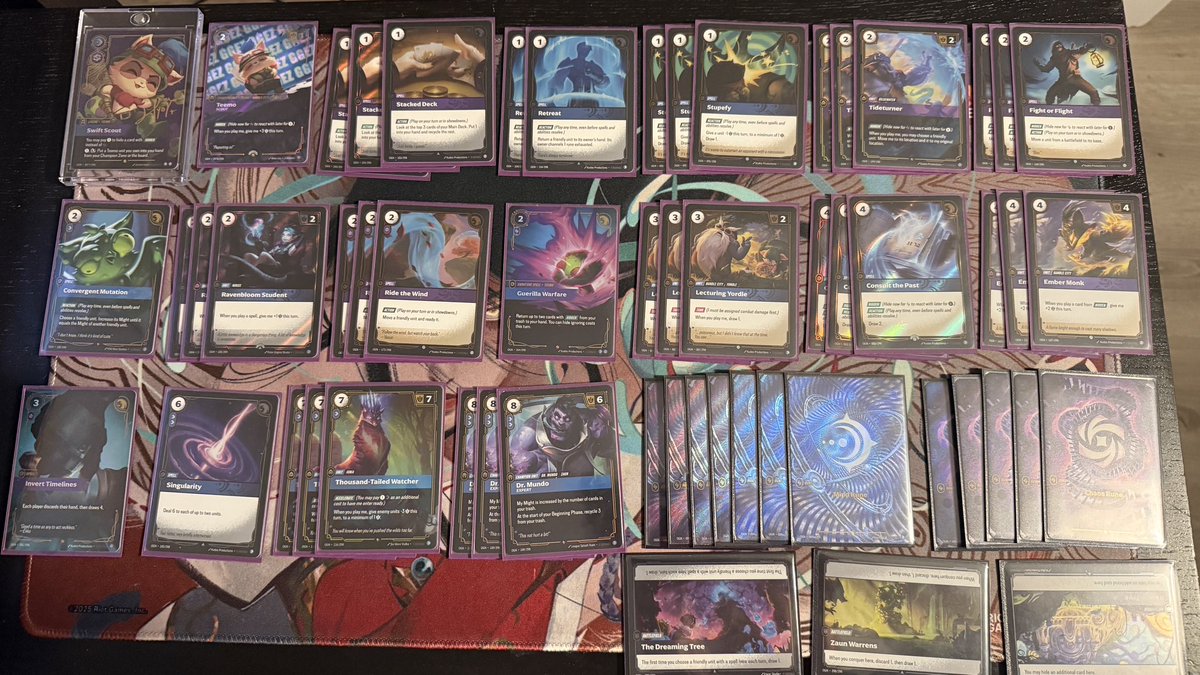 After maxing the rarity finally (minus 1 promo) thinking of trying out the merchant approach and re evaluate the count on Mundo/RTW

The list feels strong but I do see value in the ability to fill trash and filter more often

Skirmishes soon so time to lock in✌️🍄

#riftbound