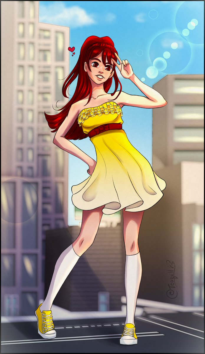 TeaQuill's tweet image. This was a commission for a0040pc over on DeviantArt of the lovely Louise. Who can resist a super adorable giantess popping a K-pop pose in the middle of a city!
#SizeTwitter #gts #giantess