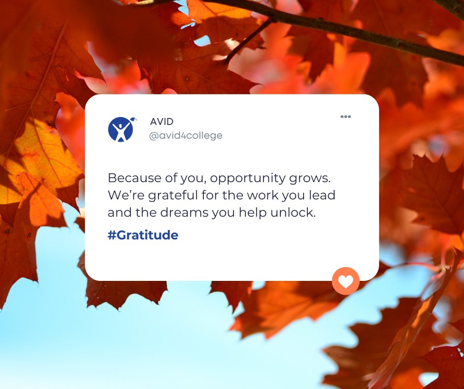 AVID4College's tweet image. A week of #gratitude starts today.
To every educator supporting student dreams — we see you, and we appreciate you. 💛

#AVIDImpact #AVIDFam #Education